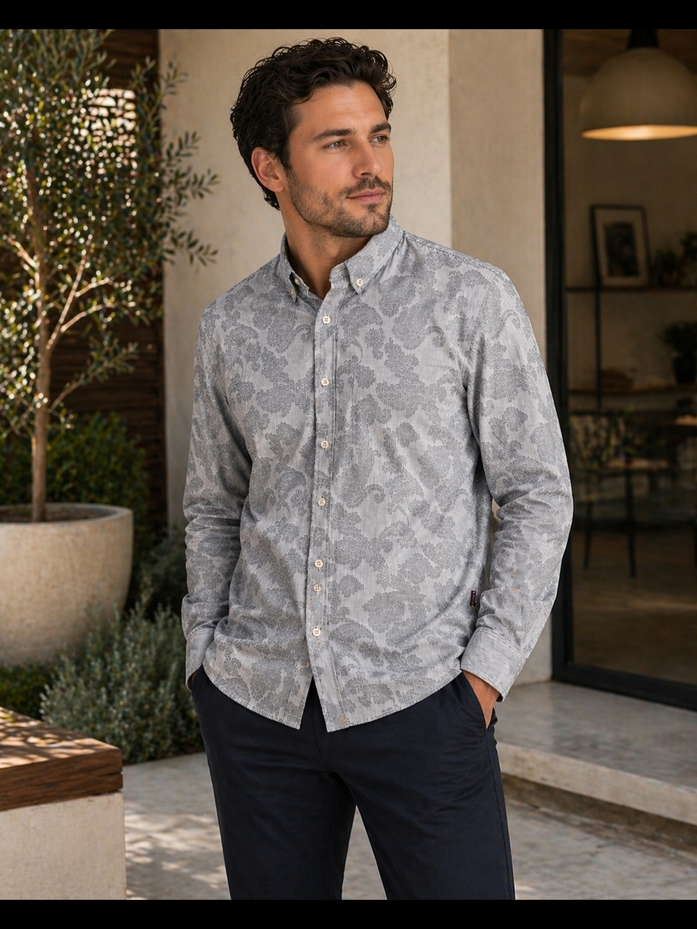 Hugo Boss Men's Grey Patterned Paisley  Button-Down Shirt